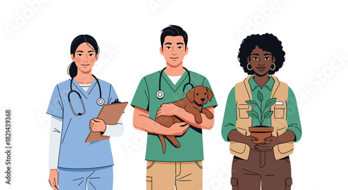 Stylized Portraits of Doctor, Veterinarian, and Botanist in Professional Attire with Symbolic Tools