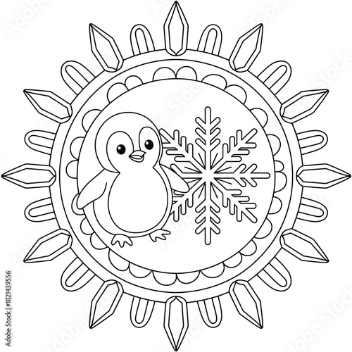 Cute cartoon penguin with snowflake in mandala design, winter theme, line art style isolated on white background, Vector, illustration