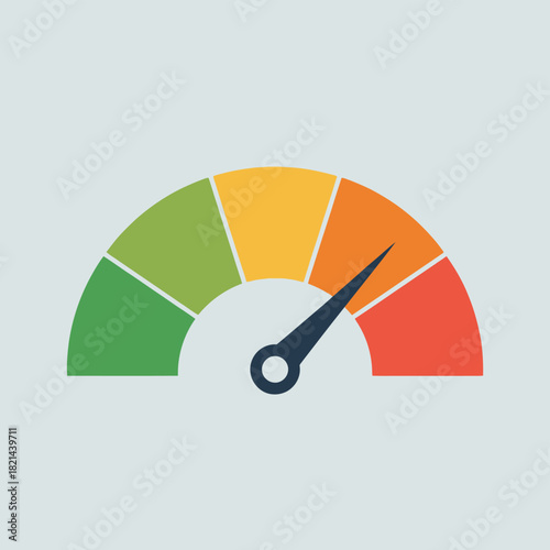 Gauge with colored segments indicating performance from green to red, pointing towards orange isolated on white background, Vector, illustration