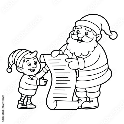 Santa claus and elf checking list together for christmas eve present delivery planning isolated on white background, Vector, illustration