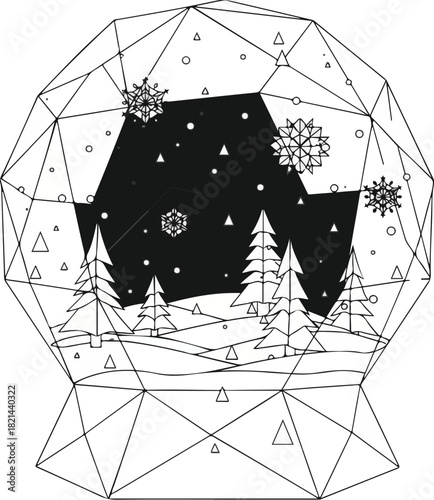 Geometric illustration of a winter scene with snowflakes, trees, and a faceted black background, creating a stylized Christmas design.