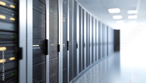 Modern data center hallway with clean reflective flooring and rows of server racks in a bright high tech environment, showcasing hardware systems, idea for IT infrastructure visuals