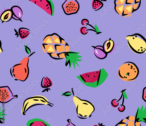 Seamless background with yellow bananas, pineapples and juicy strawberries on a mint green background. Cute background. Illustration of bright summer fruits. Fruit mixture design for fabric
