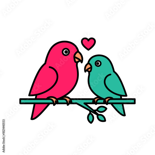 Two cartoon lovebirds sitting on branch with heart, romantic animals and Valentine's Day symbol