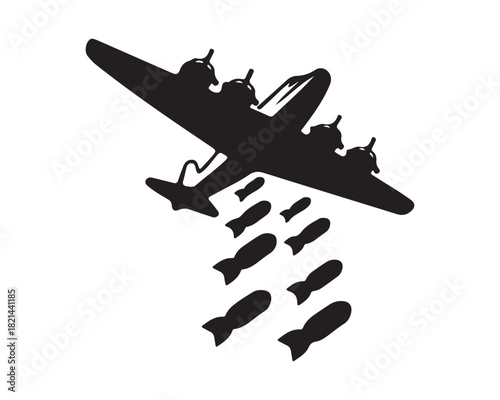 Bomber Aircraft Silhouette Dropping Bombs Vector
