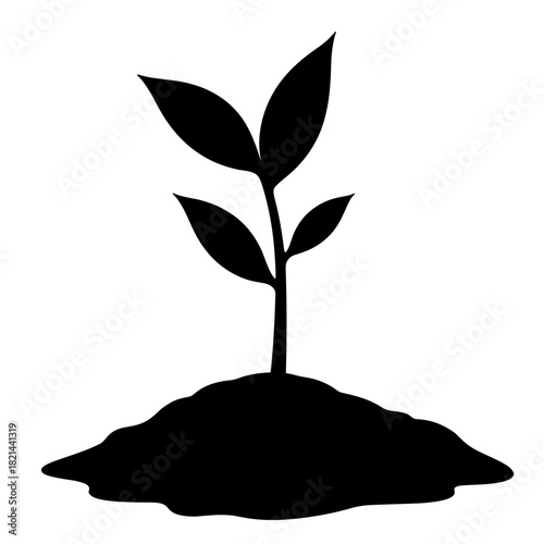 Silhouette of sprouting leaf from soil on white background, growth and nature symbol