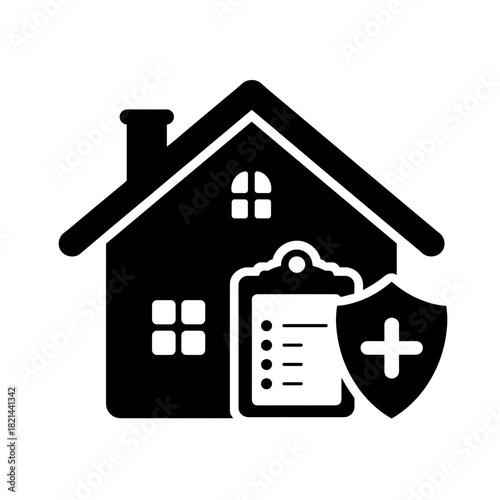Home insurance icon with clipboard and shield, property protection and residential safety in risk management