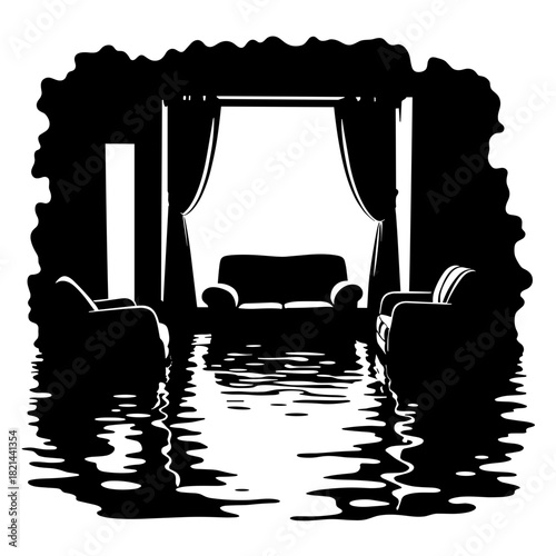 Silhouette of floodwater in living room, environmental risk and home impact in disaster management