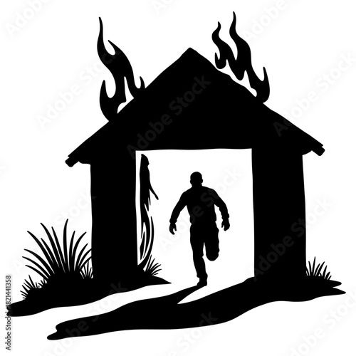 Silhouette of person escaping from burning garage, emergency escape and property fire risk