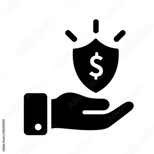 Silhouette of hand with coin and shield icon, financial security and risk management concept