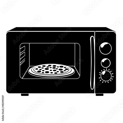 Microwave oven silhouette with pizza inside, quick meal and kitchen appliance for home cooking