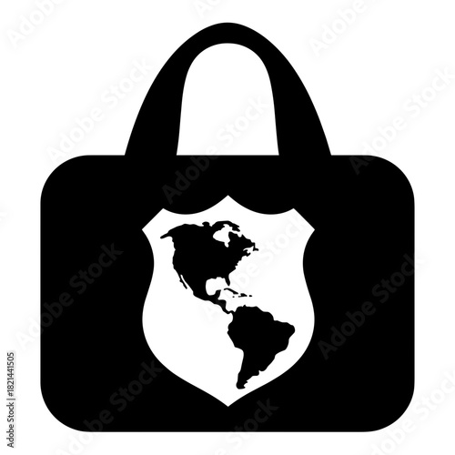 Silhouette of travel bag with world map and shield, multi-destination insurance and global coverage concept