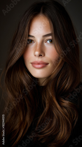 Close up of a woman with freckles and long wavy hair looking at the camera.