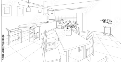 interior kitchen living room 3d illustration	
