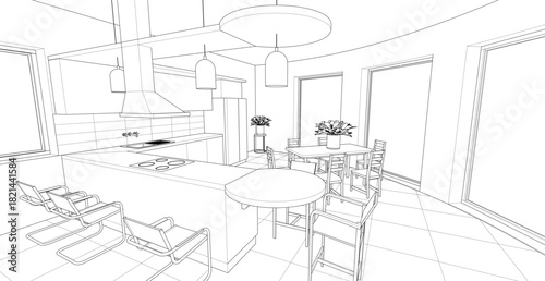 interior kitchen living room 3d illustration	
