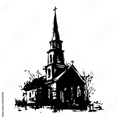 Black and white grunge vector illustration of an old wooden church with a steeple