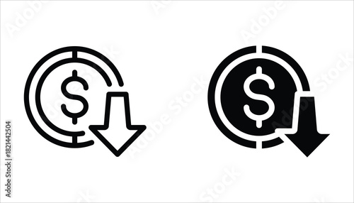 Cost reduction icon set. Price lower arrow. Vector illustration for web design. Isolated on white background.