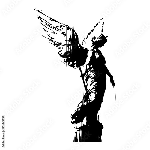 Abstract ink brush angel statue with wings Vector black and white religious sculpture silhouette with grunge paint texture