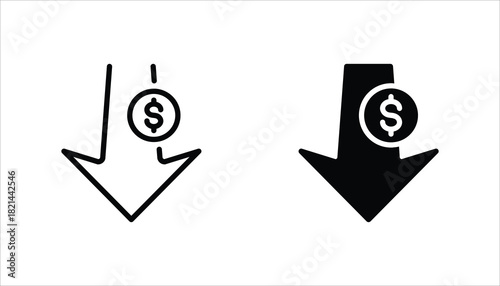 Cost reduction icon set. Price lower arrow. Vector illustration for web design. Isolated on white background.