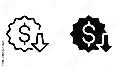 Cost reduction icon set. Price lower arrow. Vector illustration for web design. Isolated on white background.