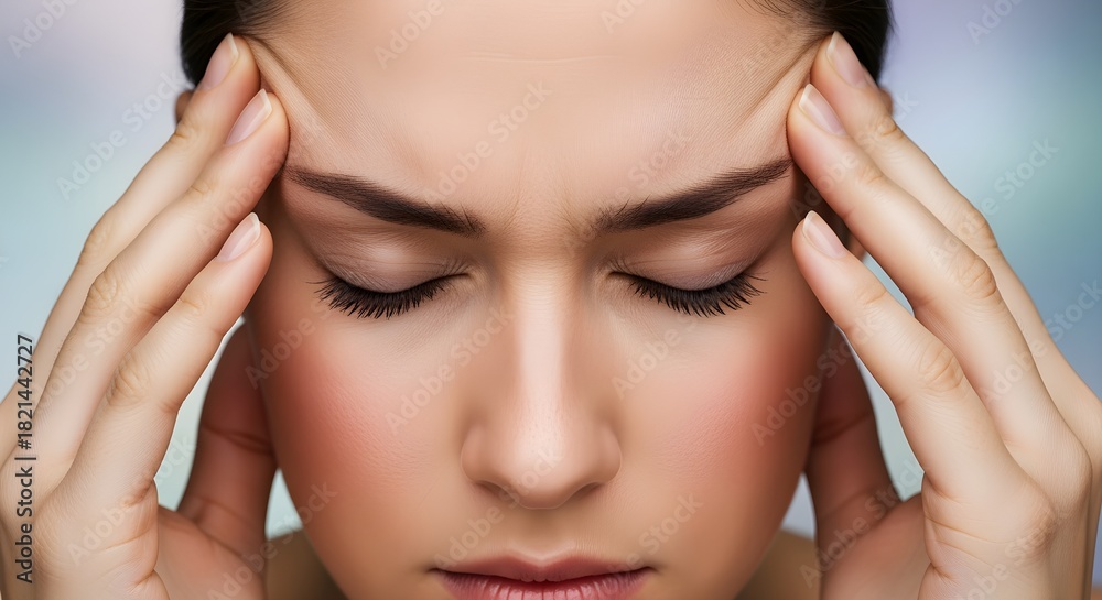 Fototapeta premium Stressed young woman with a tension headache touching her temples in pain.