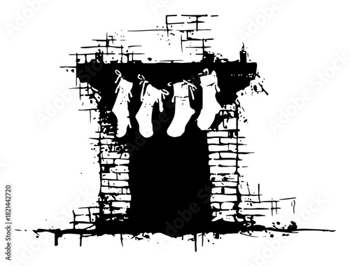 Black and white grunge vector illustration of a brick fireplace decorated with hanging Christmas stockings
