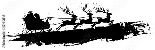 Black and white grunge vector illustration of Santa Claus riding a sleigh pulled by reindeer in a silhouette style