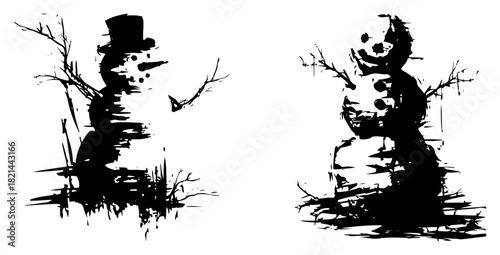Abstract ink brush two snowmen silhouette set Vector black and white winter characters with grunge paint texture