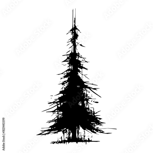 Black and white grunge vector illustration of a single tall pine tree silhouette in a rough sketch style