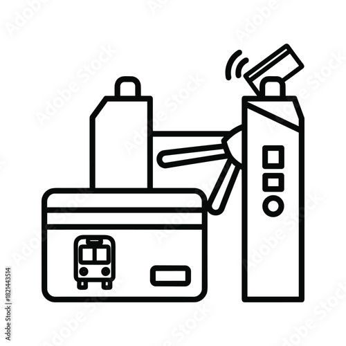 Black and white line icon of a public transport ticket gate with card reader isolated on white background