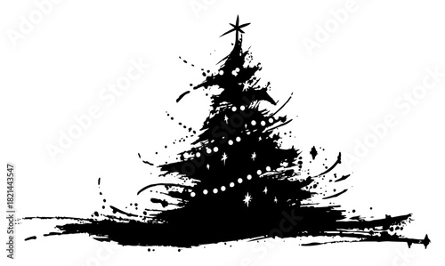 Decorated Christmas Tree with Star Topper Silhouette in Artistic Grunge Ink Sketch Style