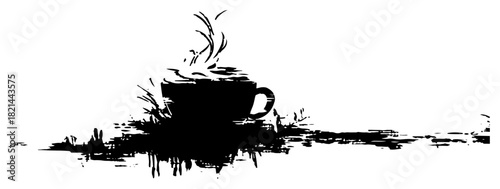 Steaming Cup of Hot Coffee or Tea Silhouette on Grunge Background in Sketchy Ink Style