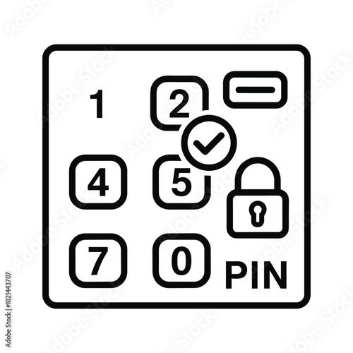 Black and white icon of a digital keypad with numbers, checkmark, and lock symbol