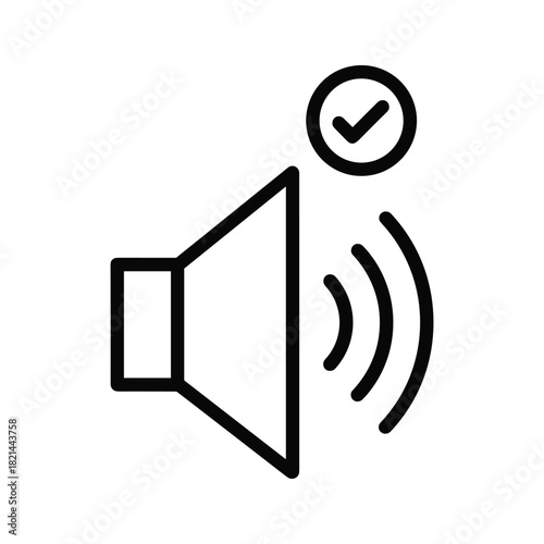 Black line icon of a speaker with sound wave and check mark, isolated on white background