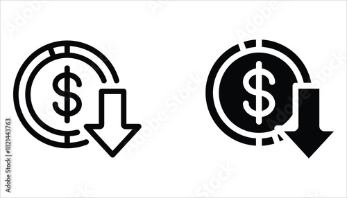 Cost reduction icon set. Dollar Down Icon. Vector illustration for web design. Isolated on white background.