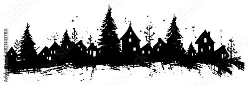 Abstract ink brush winter village landscape with pine trees and houses silhouette Vector black and white rural town panorama with falling snow and grunge texture