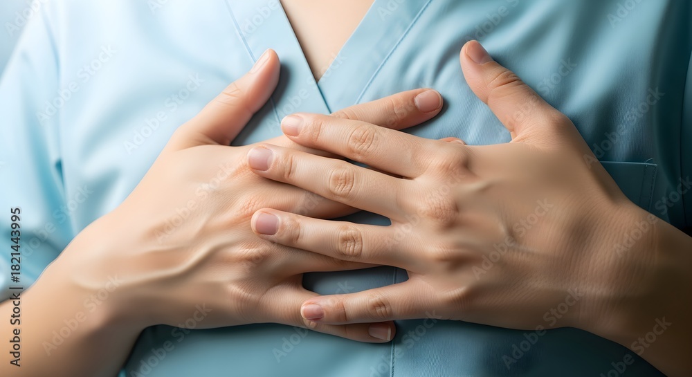 Fototapeta premium Unrecognizable person in medical scrubs clutching their chest in pain.