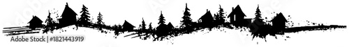Black and white grunge vector illustration of a winter village landscape border with small houses and pine trees in the distance