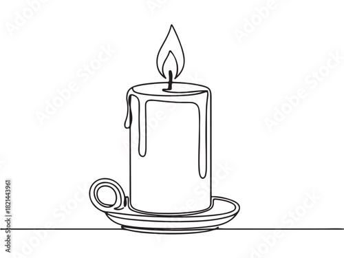 Minimalist Continuous Line Art Drawing of a Lit Candle with Holder