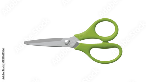 Open green-handled scissors on a white background cutting tool