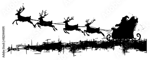 Santa Claus Flying in Sleigh Pulled by Four Reindeer Silhouette in Expressive Grunge Ink Sketch Style