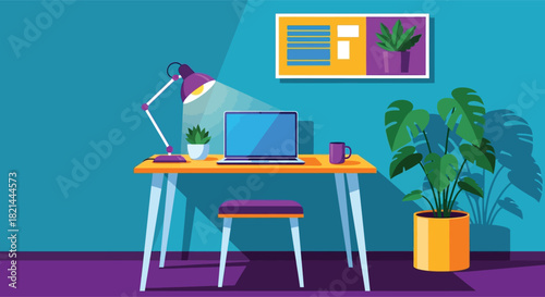 Bright home office setup with laptop plants and modern decor