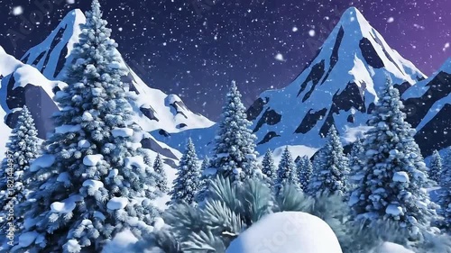 Pixelated Winter Wonderland Snowy Mountain Landscape With Pine Trees And Falling Snow At Dusk