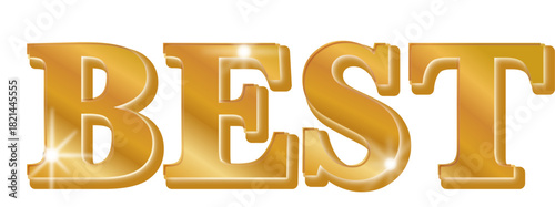 Bold, three-dimensional golden text spelling the word 'BEST' with a reflective metallic finish. Perfect as a top-quality label, winner's announcement, or commercial banner overlay.