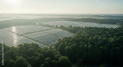 Aerial view of a solar panel farm nestled among trees on a hazy morning landscape.