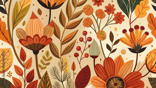 Autumn Floral Doodle Seamless Pattern – Hand-Drawn Botanical Fall Color Vector Design