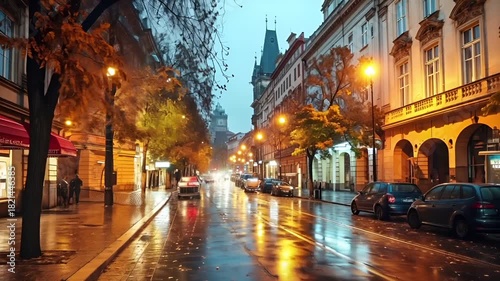 Prague, Czech Republic, Europe. A nighttime city street scene with autumnal trees lining the sidewalk. The buildings have a European architectural style, with ornate facades and decorative elements.