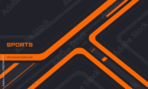 Black abstract horizontal banner with orange and gray lines, arrows and angles. Dark modern sporty bright futuristic horizontal abstract background. Vector illustration EPS10.