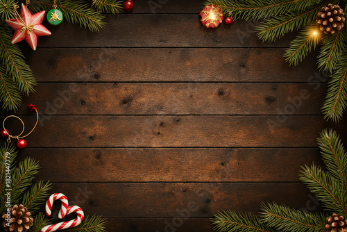 Rustic christmas wood background with festive decorations