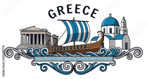 Greece travel vector illustration with ancient Parthenon temple a Greek ship and Santorini church landmarks